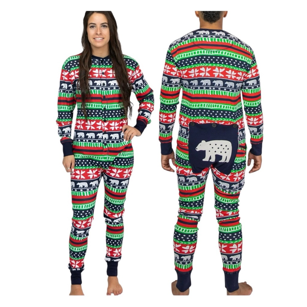 LAZY ONE longjohns with a trapped door flapjack sweater bear XS   NWT